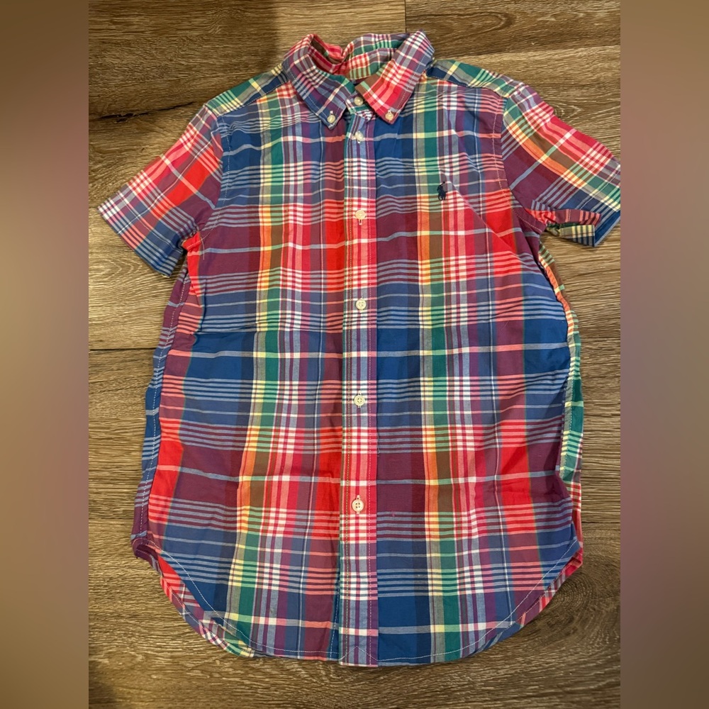 Ralph Lauren Polo boys button-up shirt. Size 7. Plaid - red, blue, green, yellow